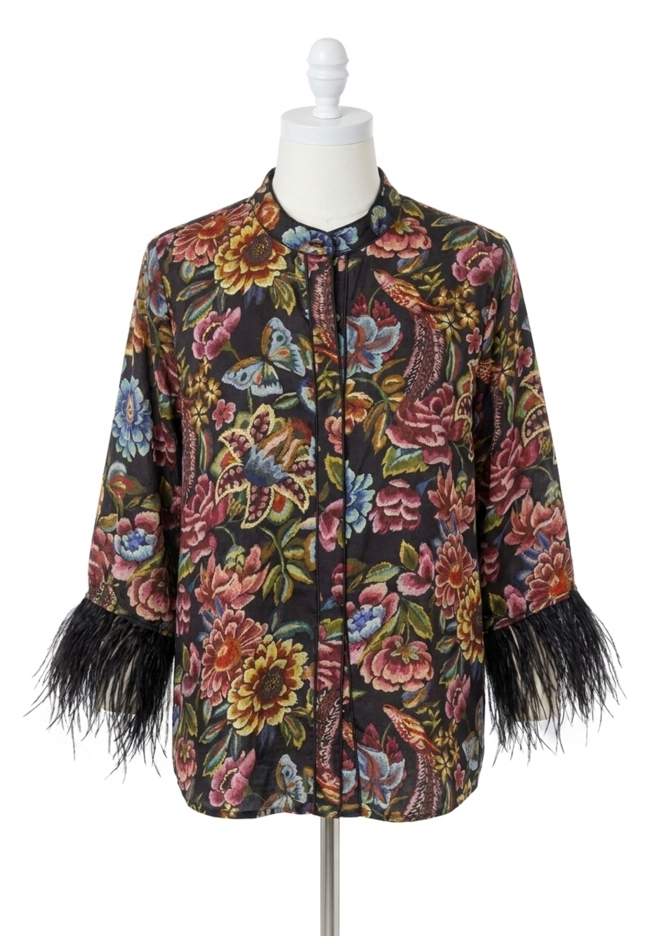 NEW JOHNNY WAS lewella feather trim kimono in asiavo